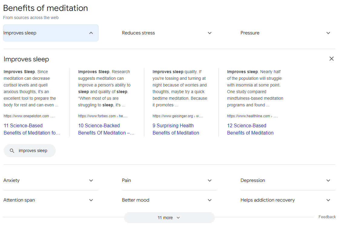 Screenshot of Google Search result showcasing the benefits of meditation, including stress reduction, improved focus, and overall well-being. The first response is a "From sources across the web" feature with multiple subtopics