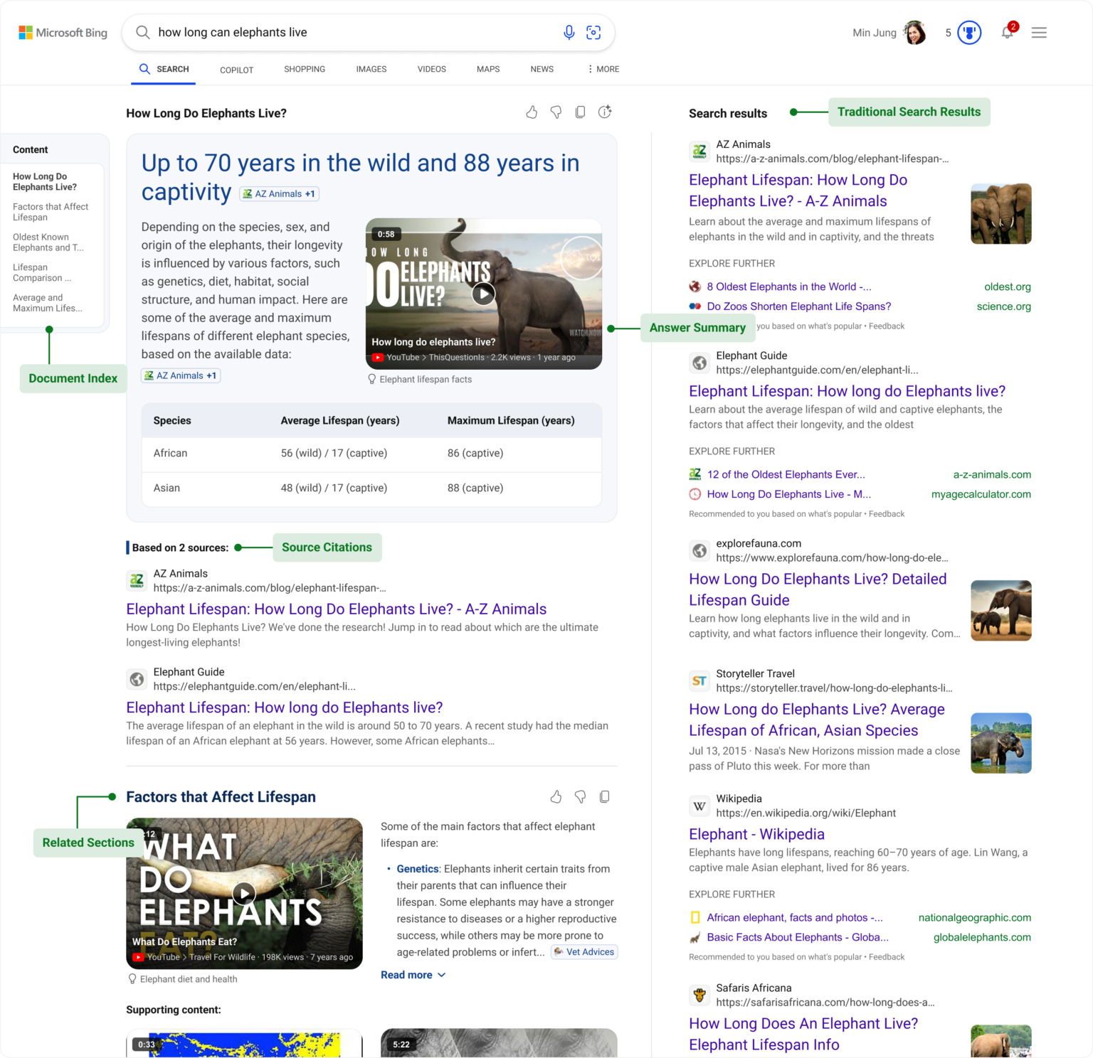 an example screenshot from the Search Engine Land article that has the Gen AI response on the left (with some source citations) and the traditional results on the right.