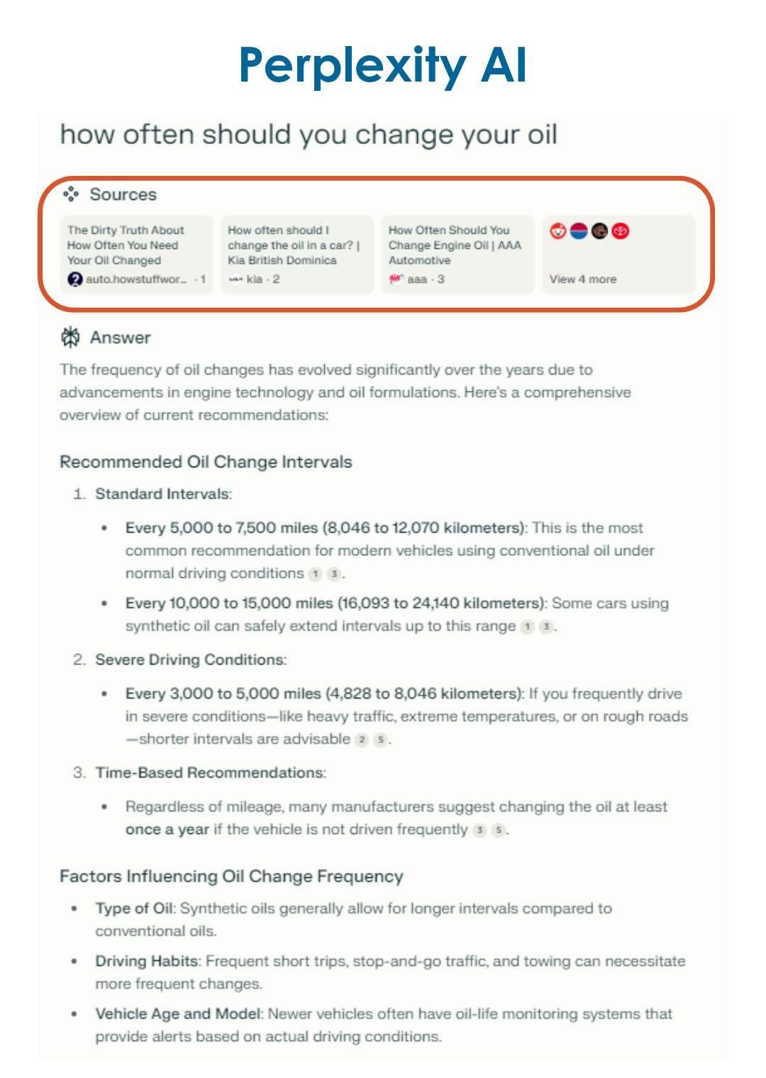 Perplexity AI search for "how often should you change your oil". The link carousel is circled.