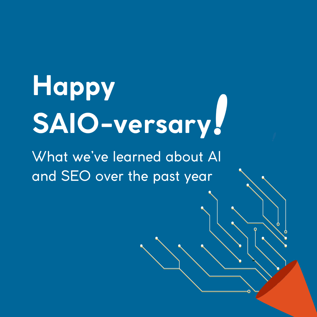 White text on a blue background: Happy SAIO-versary! A confetti cannon is in the bottom right corner.