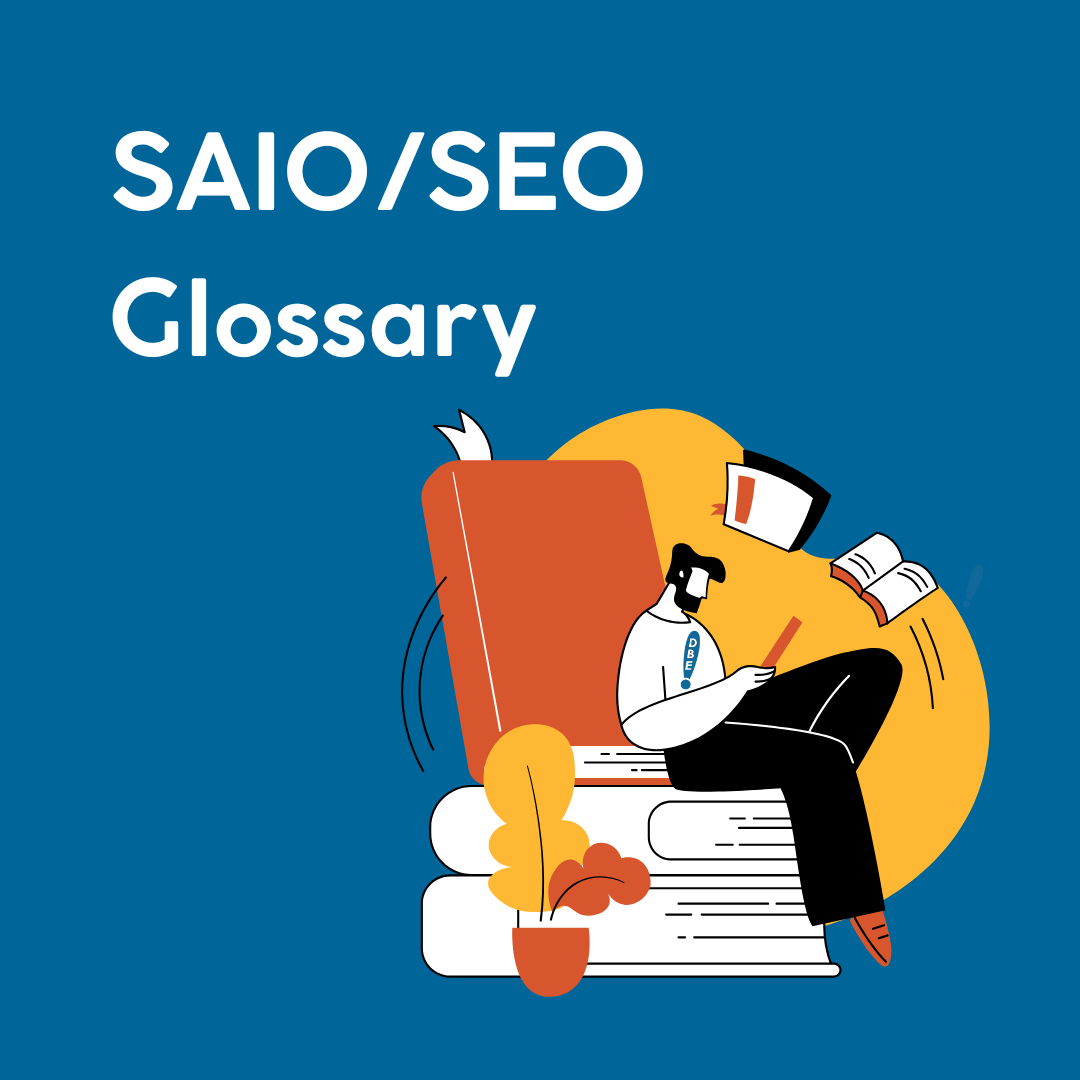 SAIO/SEO Glossary written in white lettering on a blue background. a man reading a book is beneath it.