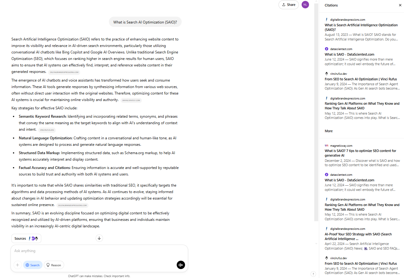 SearchGPT showing citations for this prompt: What is Search AI Optimization (SAIO)? Digital Brand Expressions is one of the citations